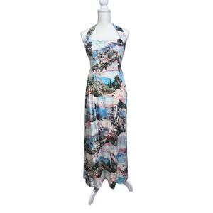 White Closet Rayon Linen Blend Halter Midi Dress with Italy Print - NWT - Size L